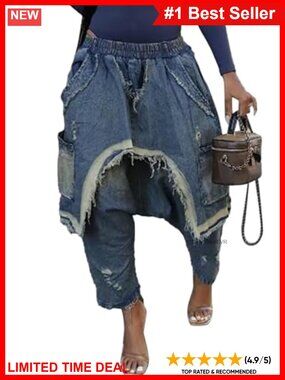 Womens Baggy Harem Jeans Elastic High Waist Wide Leg Cropped Denim Jogger Pants